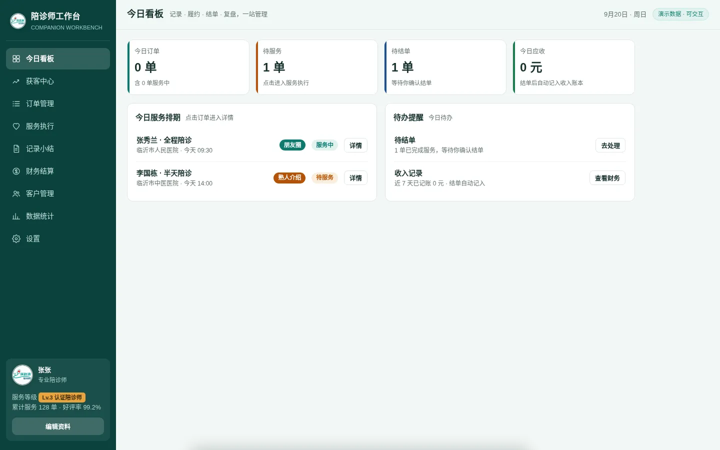 陪诊师工作台今日看板