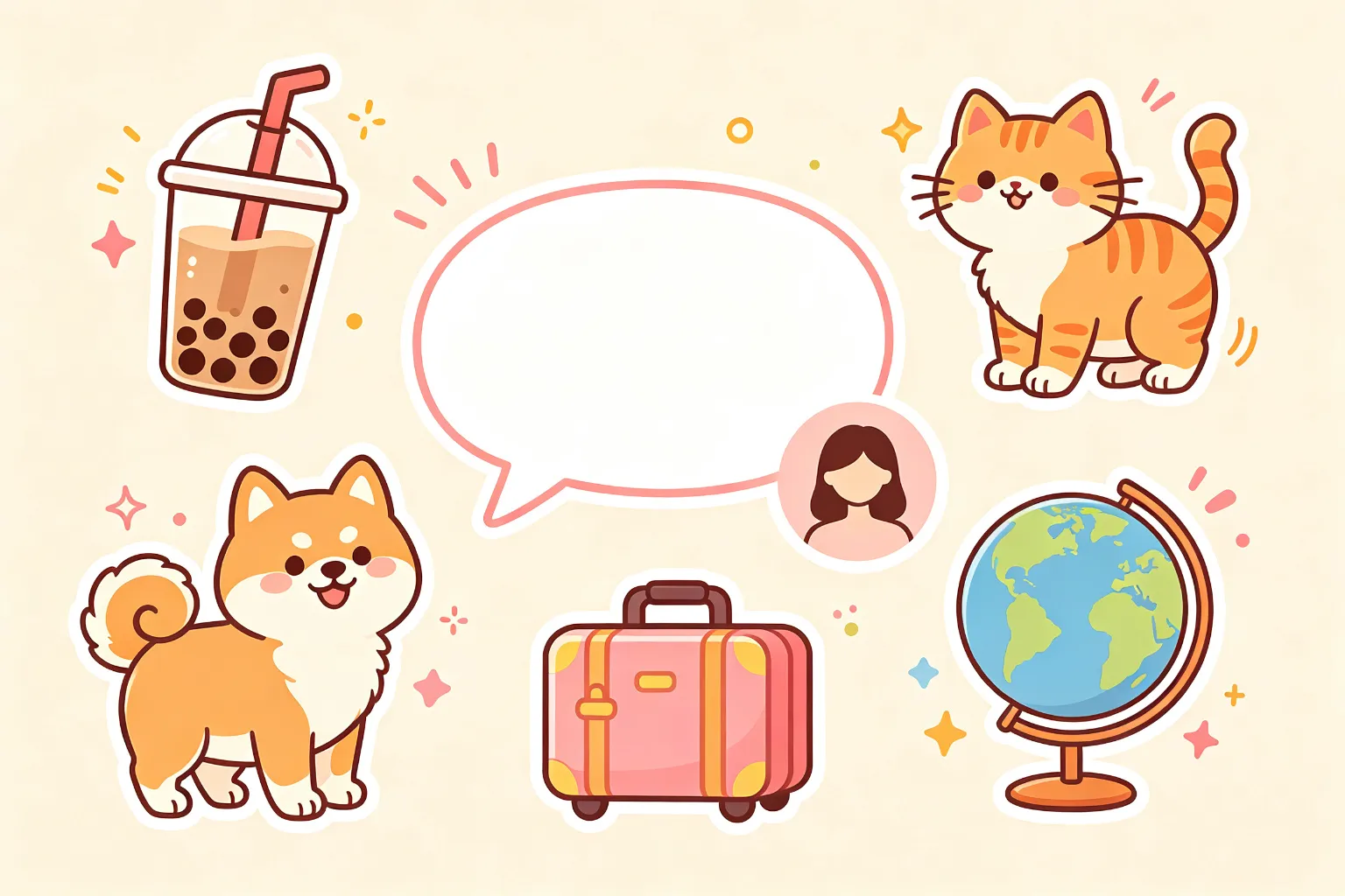 奶茶、猫咪、柴犬、行李箱等趣味测试元素
