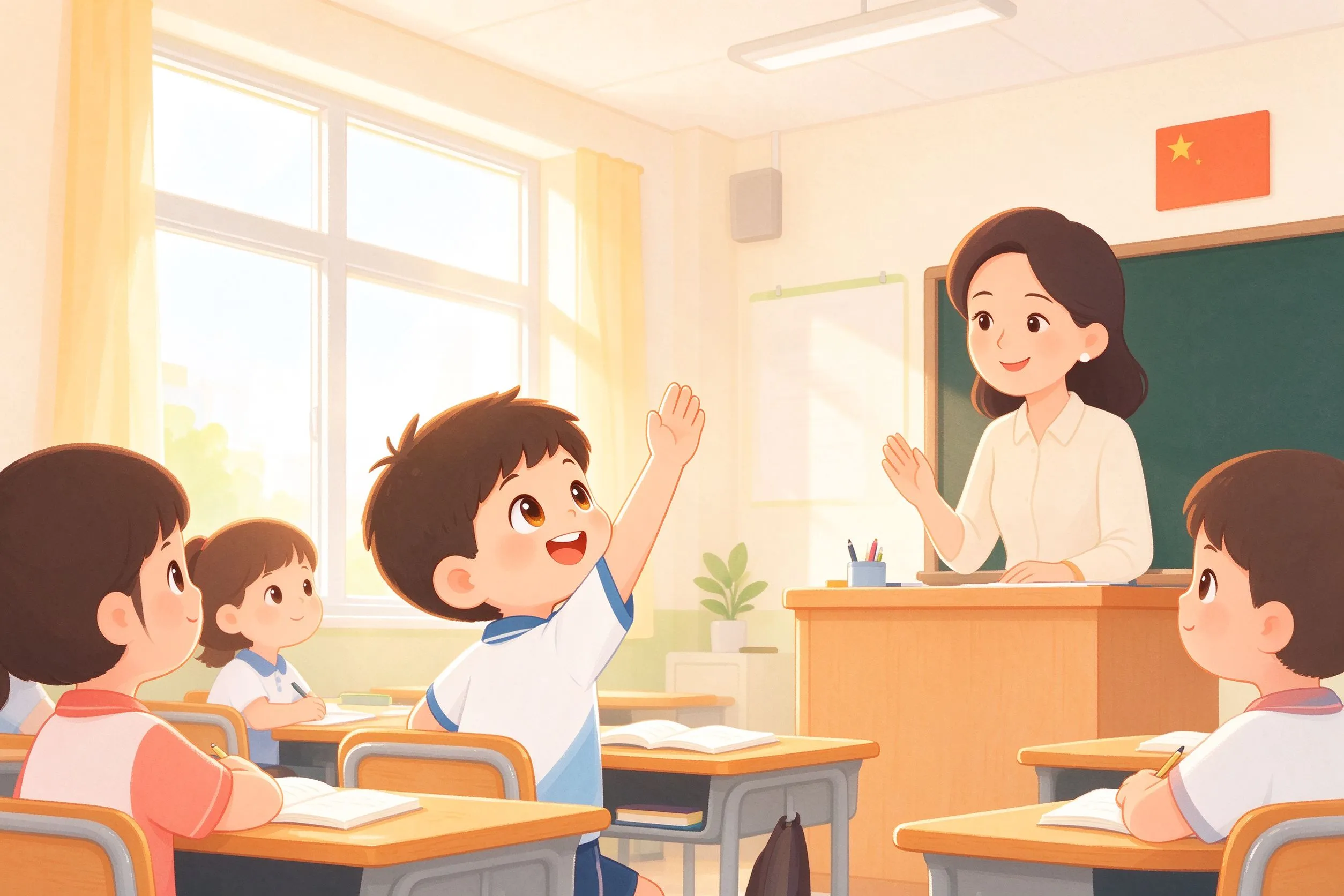 课堂上举手发言的孩子